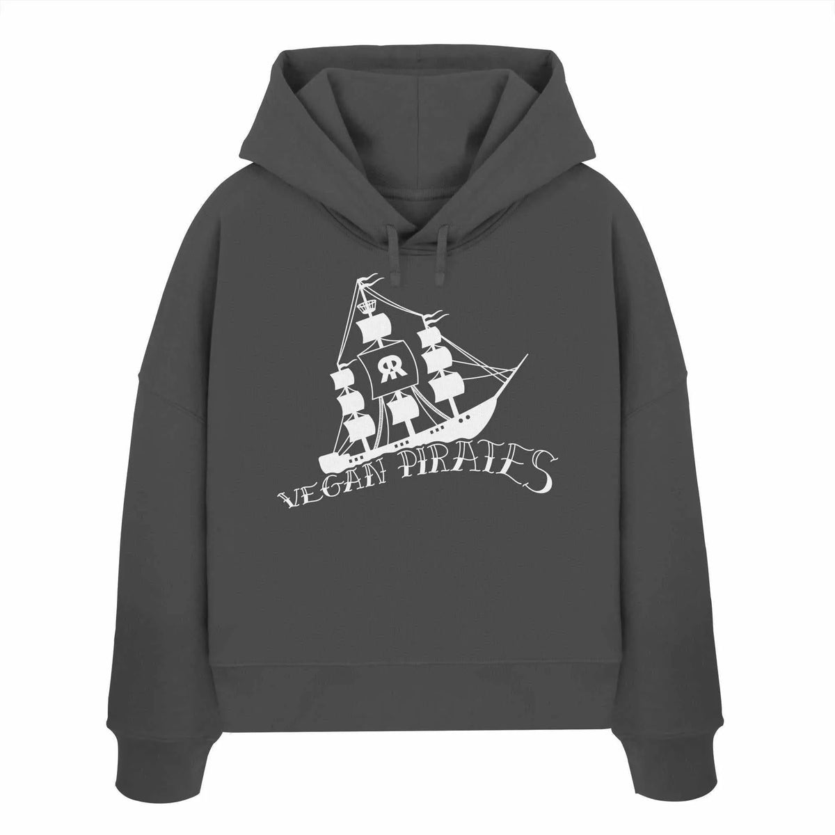Veganes Bio-Crop-Hoodie mit Kapuze und Kordelzug, Frontprint Piratenschiff, anthrazitfarben
