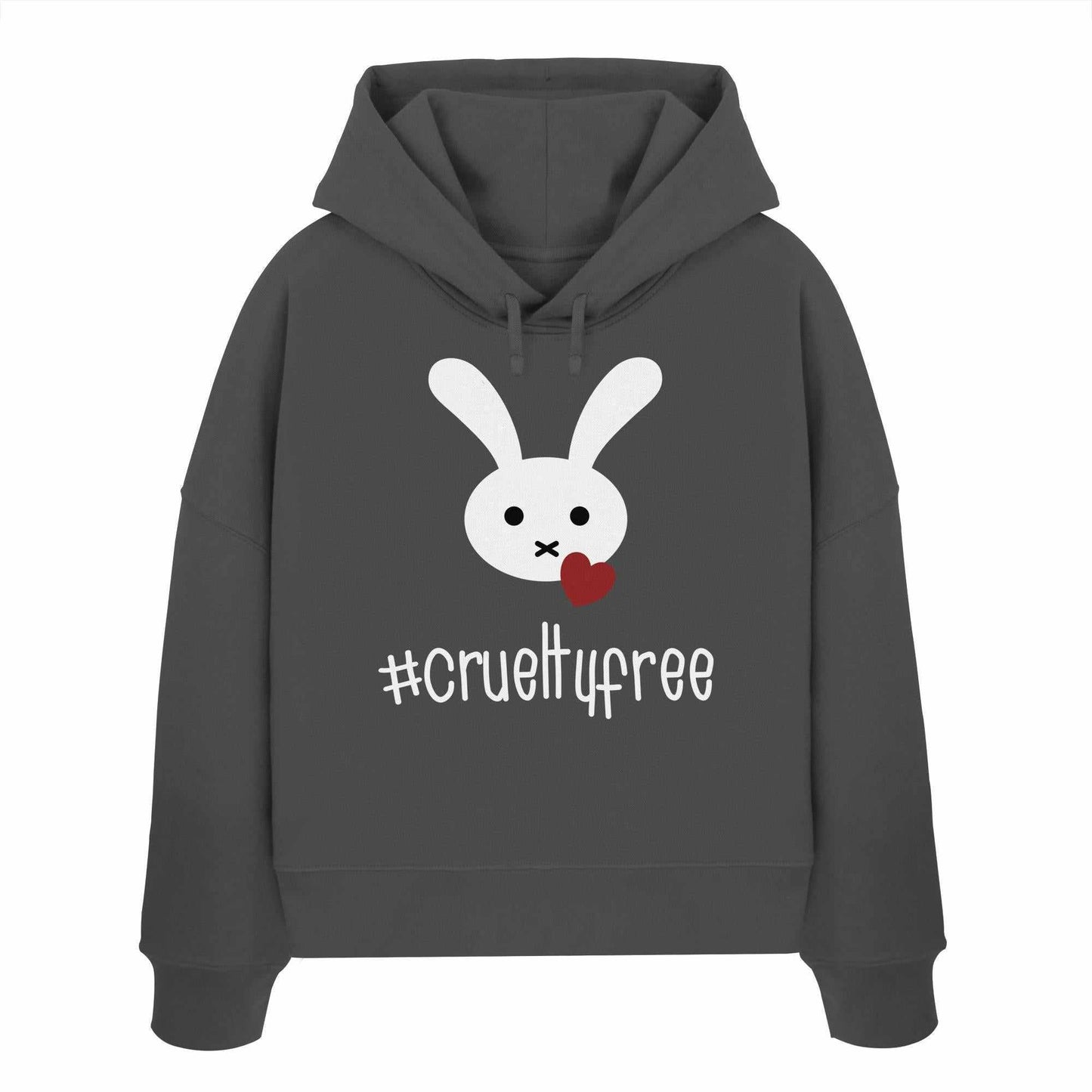 Vegan und Bio Crop Hoodie: Crueltyfree Bunny BIG zeigt weißen Hasen mit rotem Herz auf grauem Hoodie aus 100% Bio-Baumwolle, von RUDE REBEL.