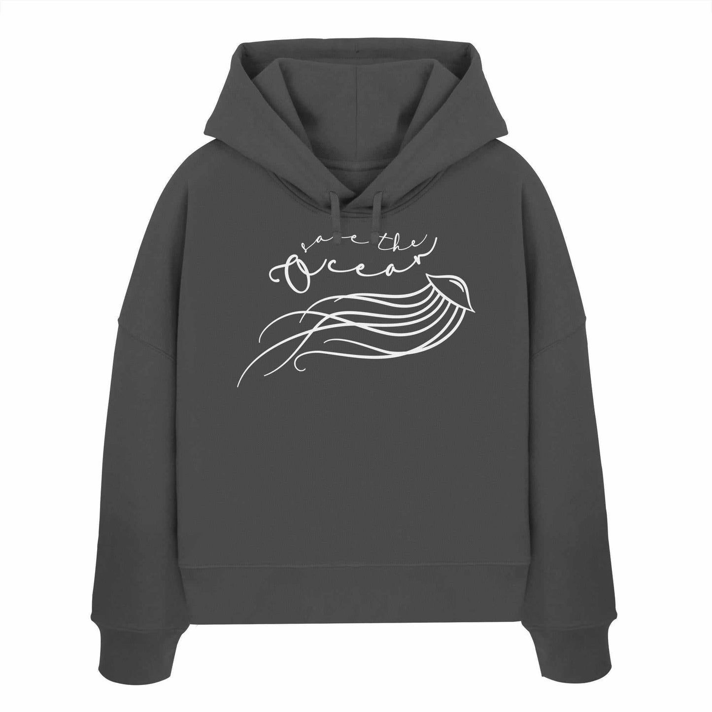 Vegan und Bio Crop Hoodie: Jellyfish - Save the Ocean, zeigt eine minimalistische Qualle mit dem Aufruf, die Ozeane zu schützen, aus 100% Bio-Baumwolle.