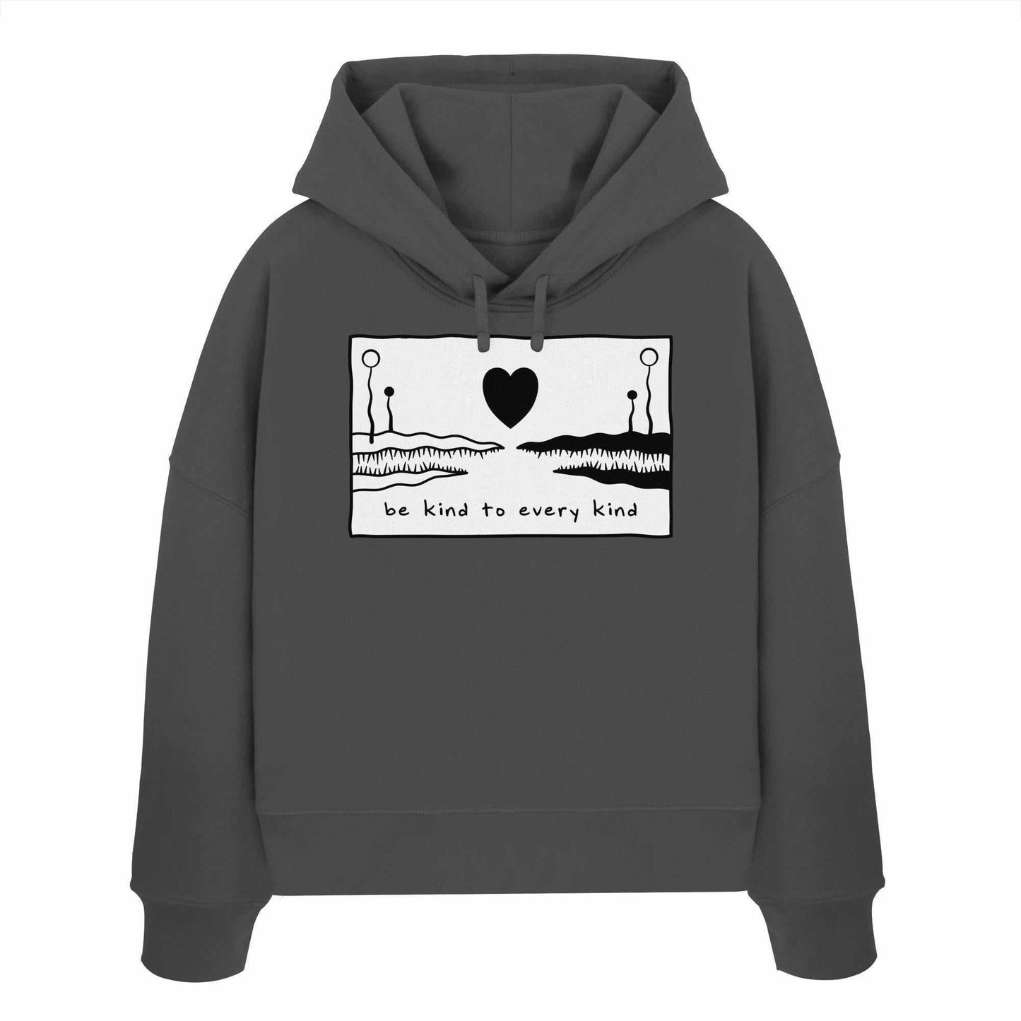 Vegan und Bio Crop Hoodie: Be kind to every kind, grauer Hoodie mit weißem Herz und schwarz-weißem Bild, aus 100% Bio-Baumwolle, Regular Fit.