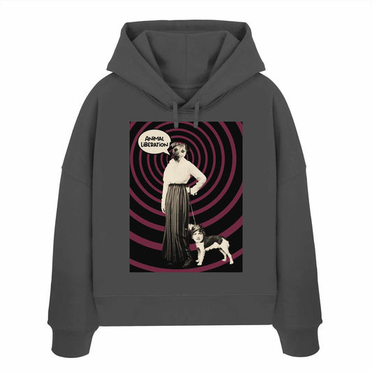 Vegan und Bio Crop Hoodie mit digitaler Collage von Frau und Hund, inspiriert von Tierrechten und Befreiung, aus 100% Bio-Baumwolle.