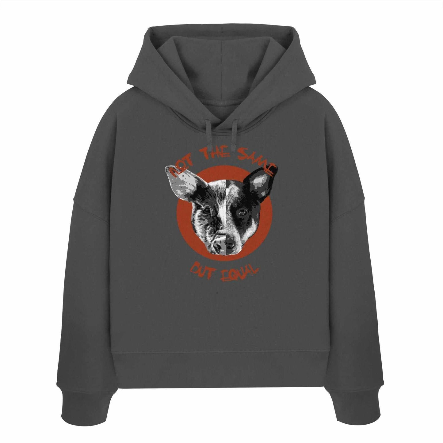 Vegan und Bio Crop Hoodie Pig - Dog: Grauer Hoodie mit digitaler Collage eines Hundes und Schweins, thematisiert Gleichheit aller Tiere, aus 100% Bio-Baumwolle.