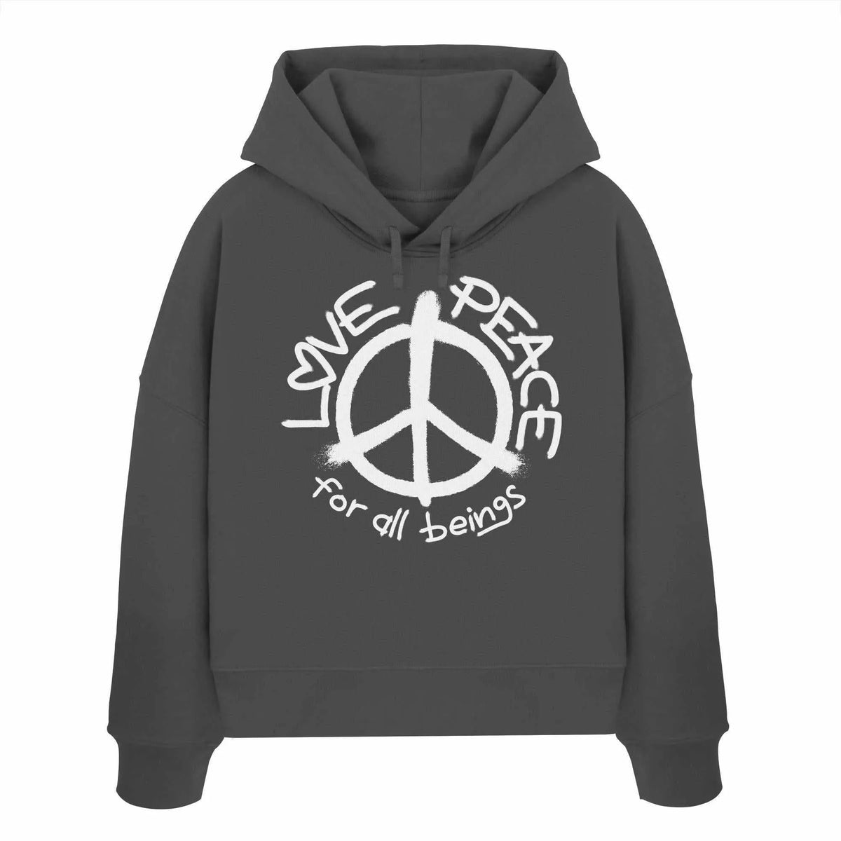 Crop-Hoodie in Anthrazit mit Peace-Logo, Kordelzug an der Kapuze und Print