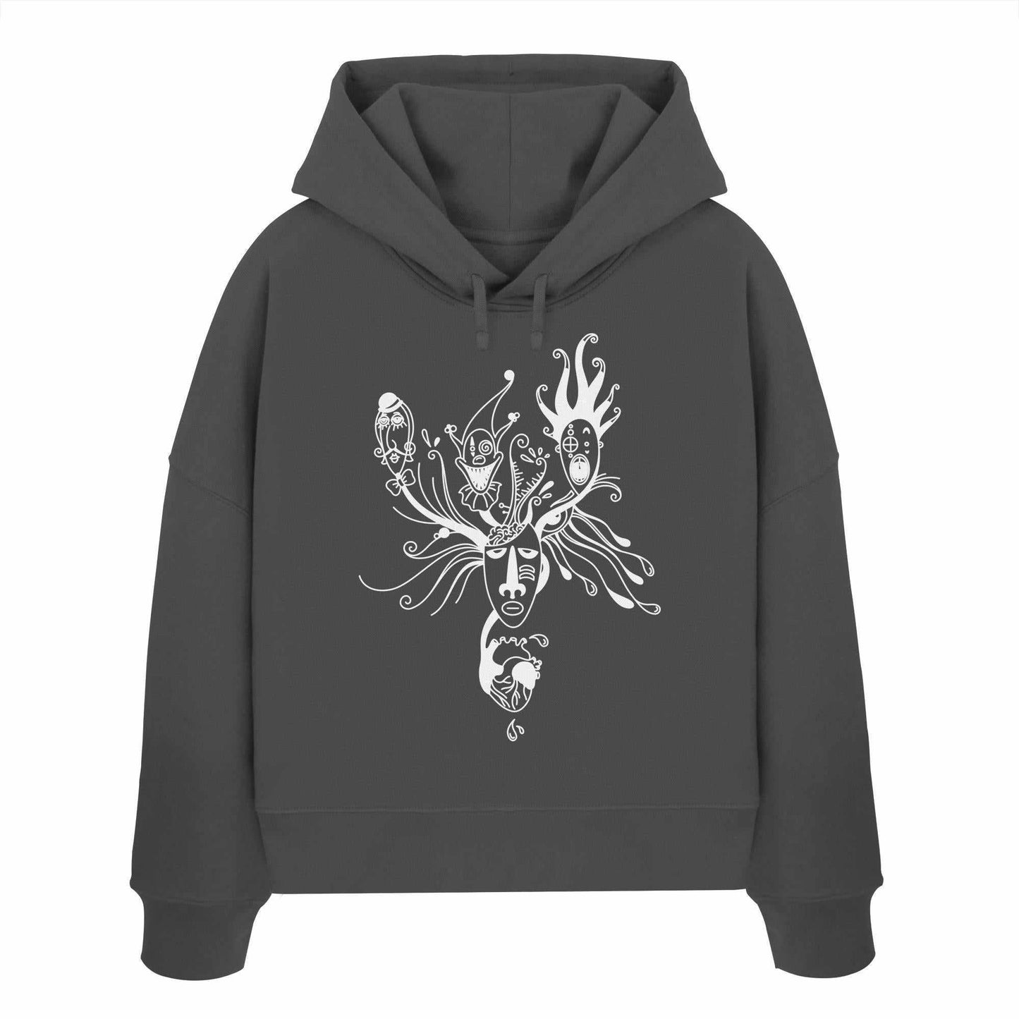 Vegan und Bio Crop Hoodie: Mental Health - Behind the Mask, mit grafischem Gesichtsmuster, aus 100% Bio-Baumwolle, reguläre Passform, doppellagige Kapuze.