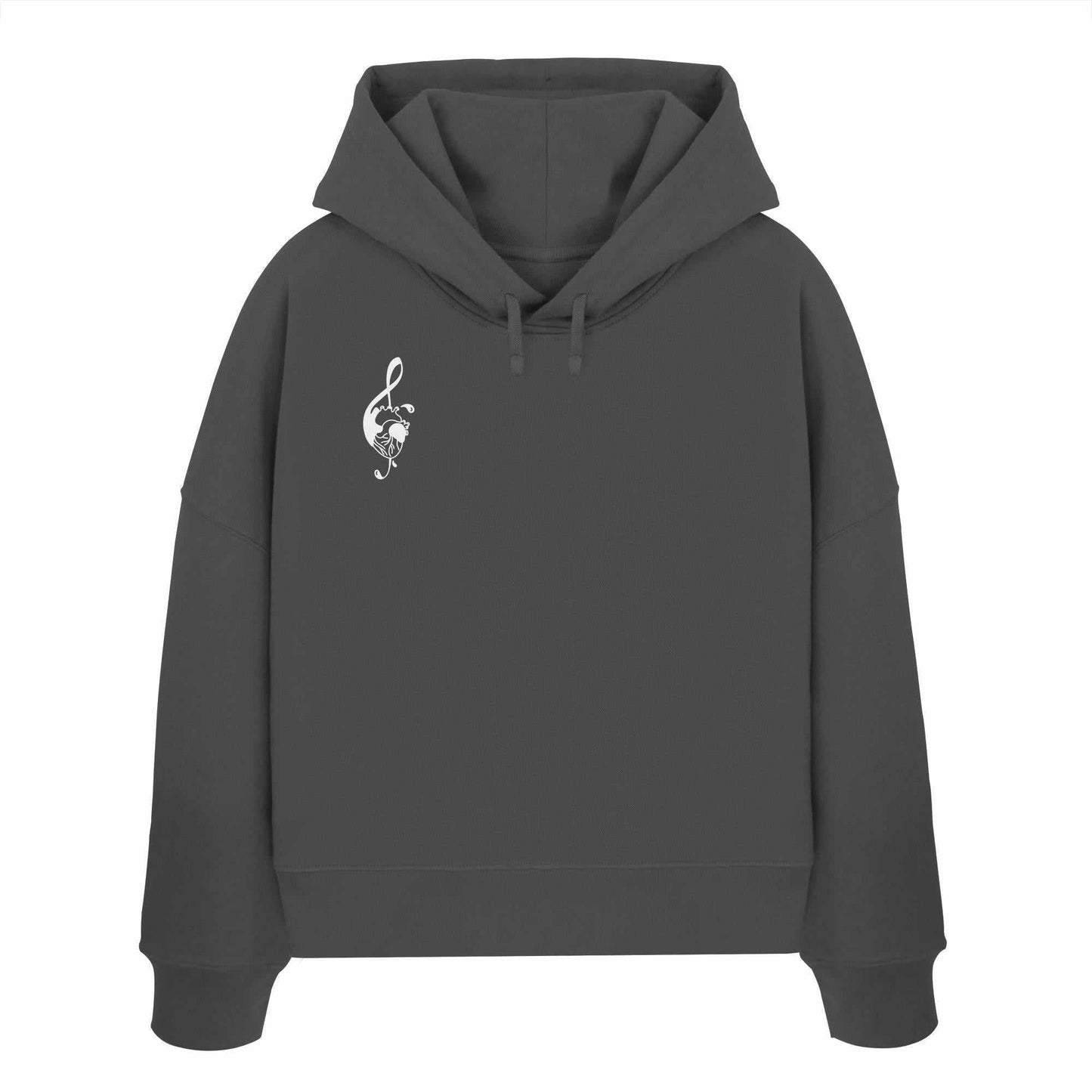 Vegan und Bio Crop Hoodie: Music Heart mit weißem Herz-Schwert-Symbol, aus 100% Bio-Baumwolle, doppellagige Kapuze, abfallende Schultern, designed für nachhaltigen Stil.