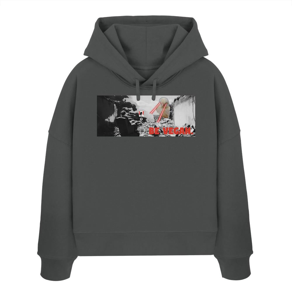 Vegan und Bio Crop Hoodie: BE VEGAN. - Angry bird. Dunkelgrauer Hoodie mit rebellischem Design, rotem BE VEGAN-Slogan und Bio-Baumwolle.