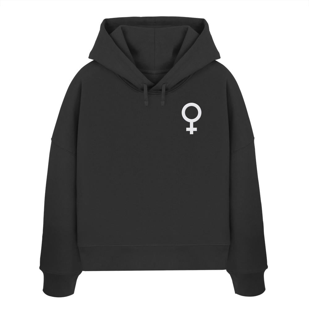Schwarzer Bio-Pullover-Hoodie mit Venus-Symbol auf der Brust, symbolisiert feministischen Kampf. Hergestellt aus 100% Bio-Baumwolle, von RUDE REBEL, vegane und nachhaltige Marke.