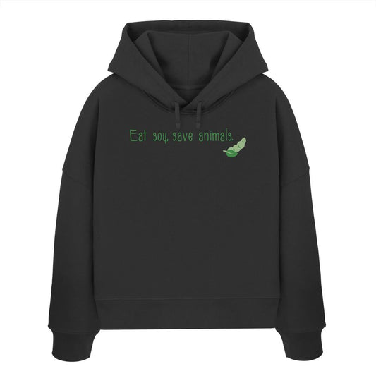 Vegan und Bio Crop Hoodie mit grünem Text und Blattlogo auf schwarzem Hintergrund, aus 100% Bio-Baumwolle, von RUDE REBEL.