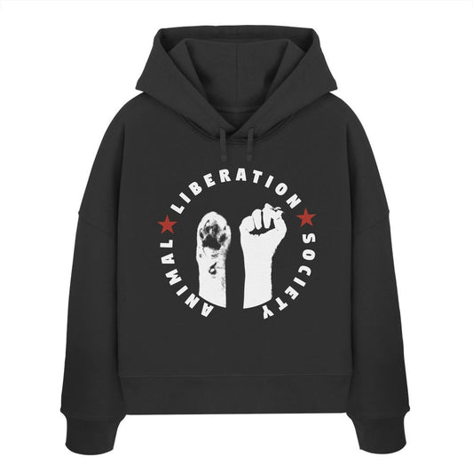 Vegan und Bio Crop Hoodie mit Faust- und Pfoten-Design, aus 100% Bio-Baumwolle, repräsentiert den Einsatz für Tierrechte und Befreiung.