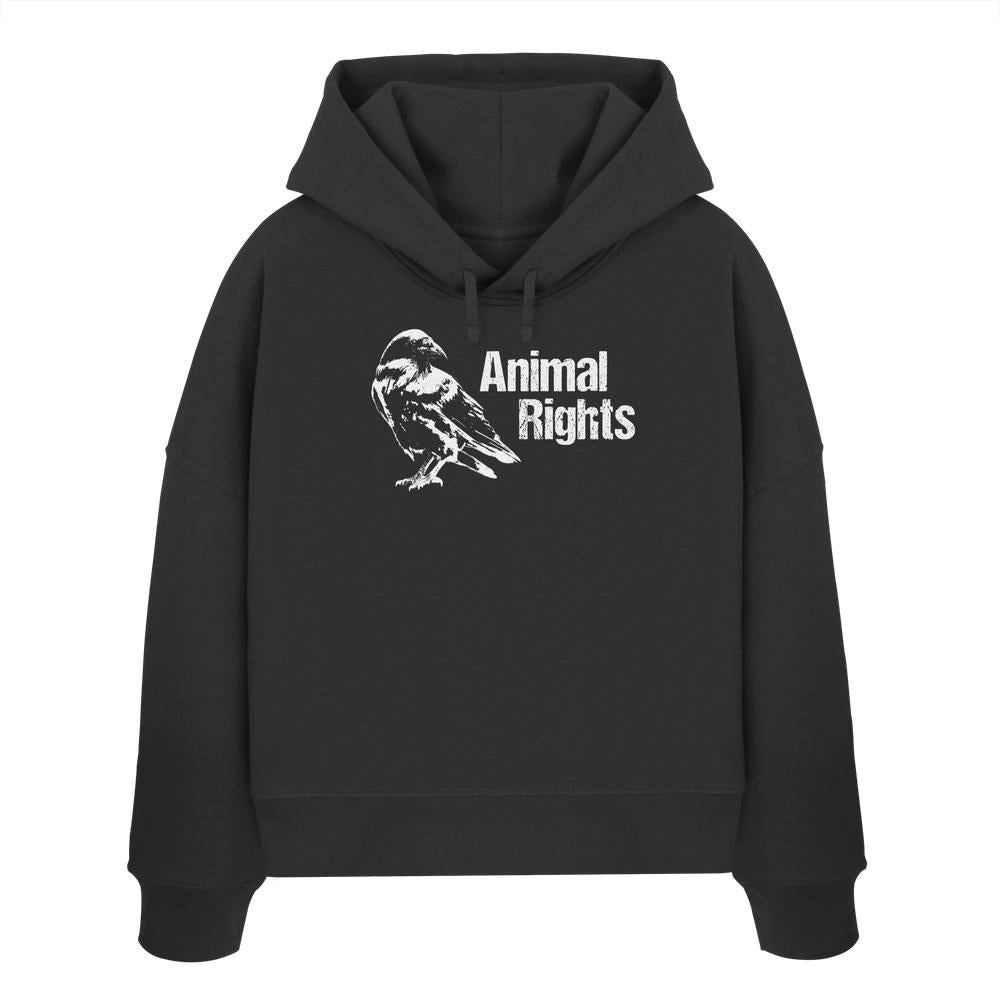 Vegan und Bio Crop Hoodie: Raven - Animal Rights, schwarzer Hoodie mit weißem Vogel-Design und Animal Rights Schriftzug, aus 100% Bio-Baumwolle, von RUDE REBEL.