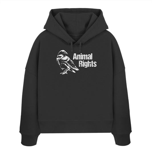 Vegan und Bio Crop Hoodie: Raven - Animal Rights, schwarzer Hoodie mit weißem Vogel-Design und Animal Rights Schriftzug, aus 100% Bio-Baumwolle, von RUDE REBEL.