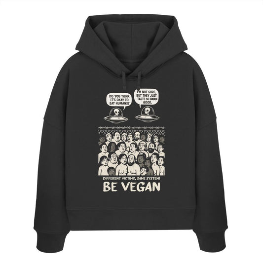 Nahaufnahme des Vegan und Crop Bio Hoodie: Alien Invasion - BE VEGAN! mit plakativem Print, aus 100% Bio-Baumwolle, Regular Fit, doppellagiger Kapuze und flacher Kordel.
