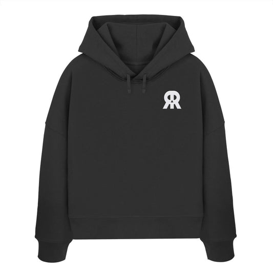 Schwarzer RUDE REBEL Skull Hoodie aus 100% Bio-Baumwolle mit kleinem, weißen, gestickten Logo auf der Brust, Kapuze mit Kordelzug.