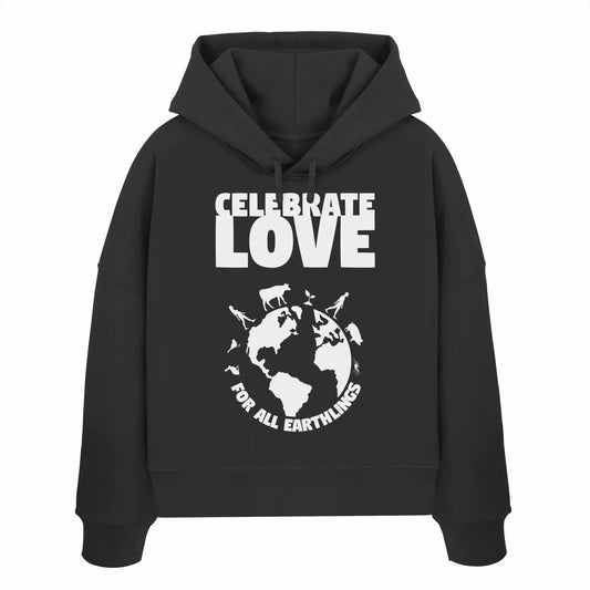 Vegan und Bio Crop Hoodie mit weißem Text und Tiersilhouetten, feiert Liebe für alle Erdlinge. Hergestellt aus 100% Bio-Baumwolle, reguläre Passform.