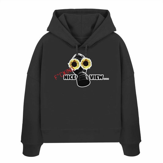 Vegan und Bio Crop Hoodie: Sunflower Mask - F*cking nice view... zeigt Gasmaske mit Sonnenblumen, symbolisiert dystopische Zukunft, aus 100% Bio-Baumwolle, von RUDE REBEL.