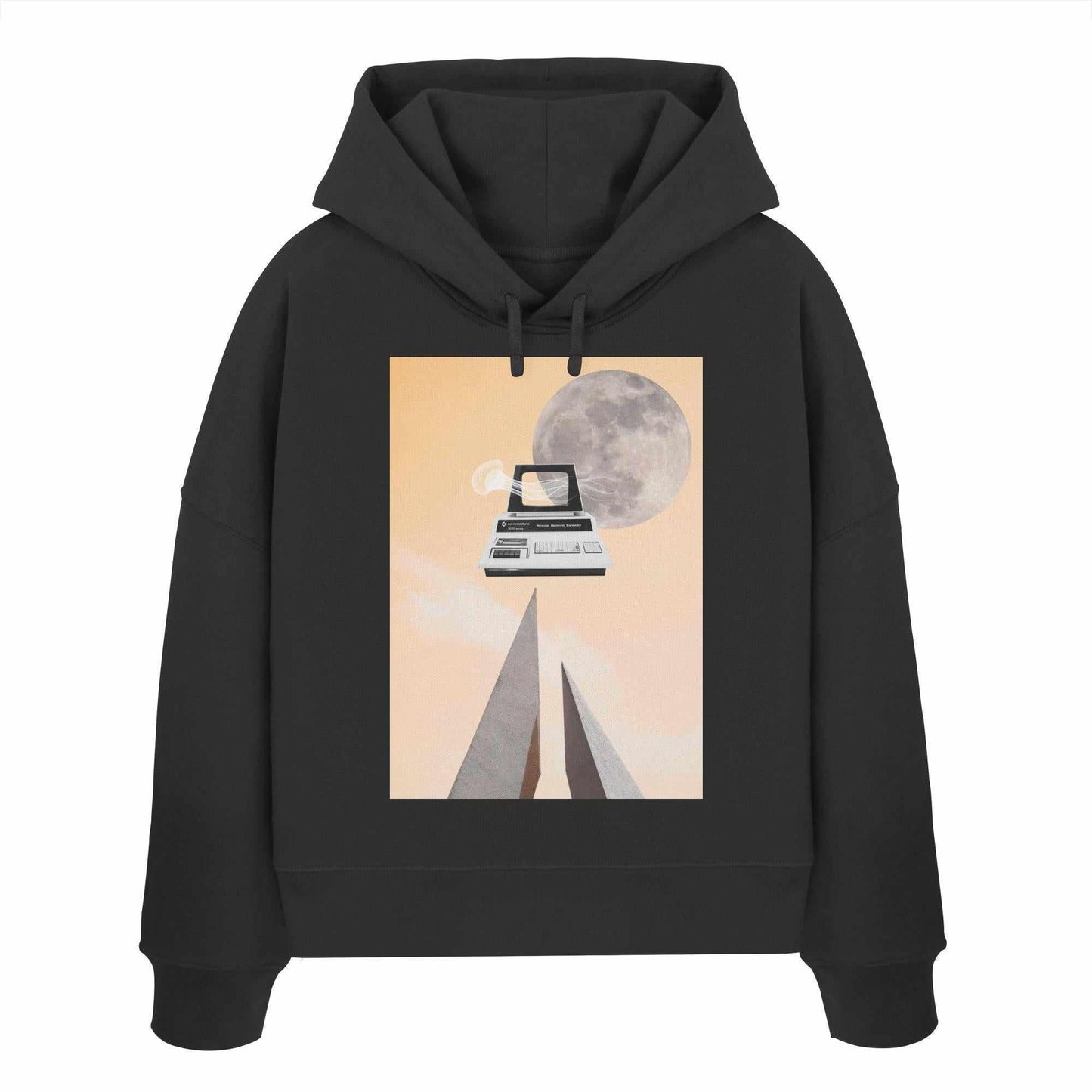 Vegan und Bio Crop Hoodie mit Retro-Nerd-Design: Schwarzer Hoodie mit Schreibmaschine und Mondmotiv, inspiriert von Natur und Technik, aus 100% Bio-Baumwolle.