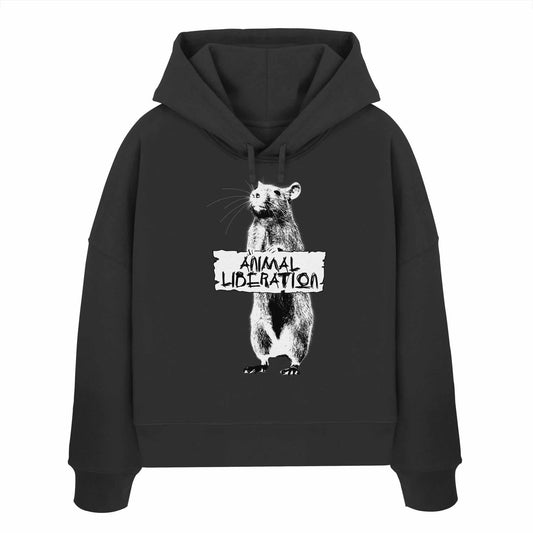 Vegan und Bio Crop Hoodie mit Rattenmotiv für Tierrechte, inspiriert von Banksy, aus 100% Bio-Baumwolle, Regular Fit, doppellagige Kapuze.