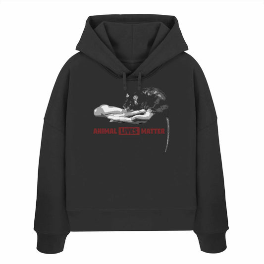 Vegan und Bio Crop Hoodie ANIMAL LIVES MATTER mit Kapuze, zeigt Mensch-Tier-Motiv, aus 100% Bio-Baumwolle. Nachhaltiges Design von RUDE REBEL.