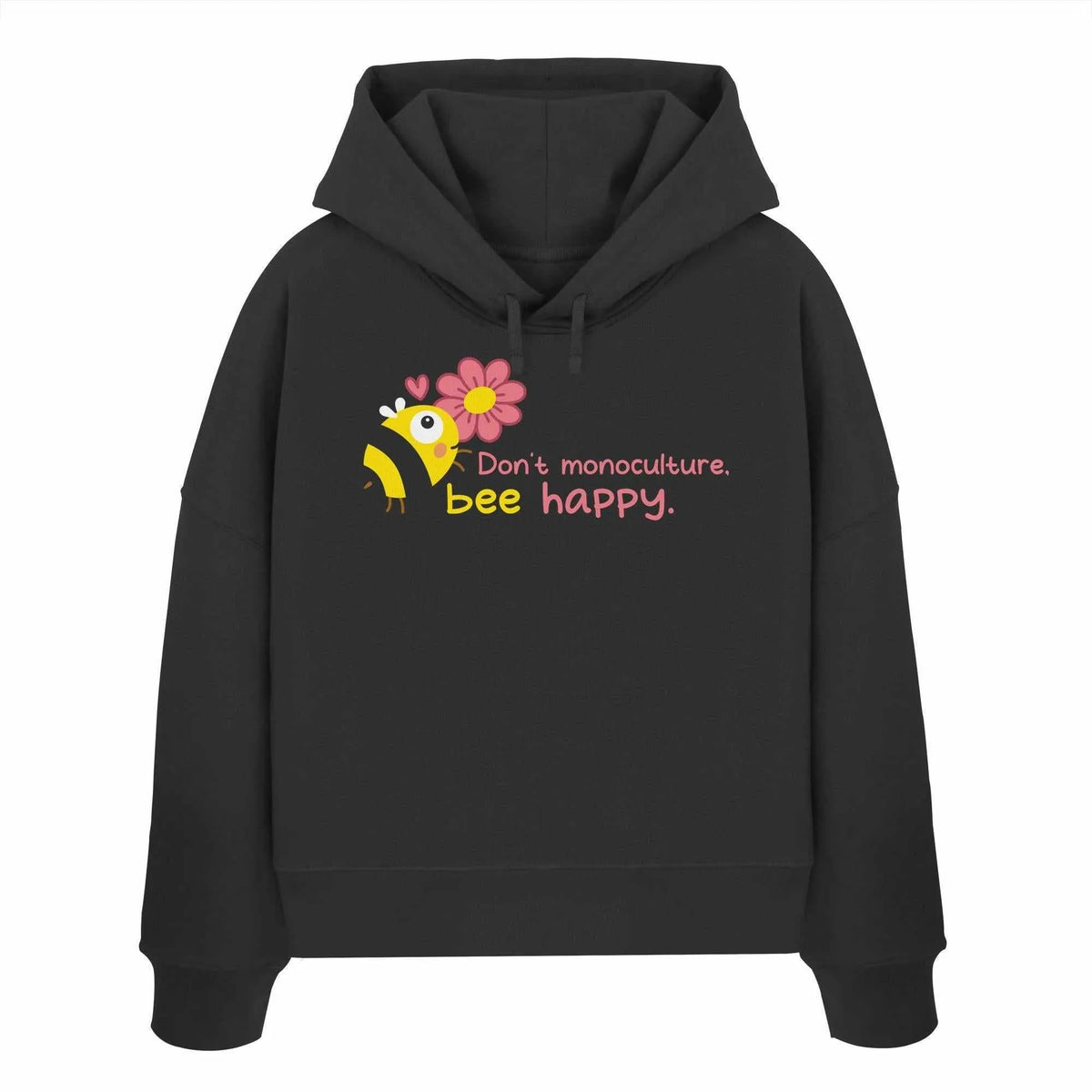 Schwarzer Crop-Hoodie mit Kapuze, Kordelzug und Bienen-Print auf der Vorderseite