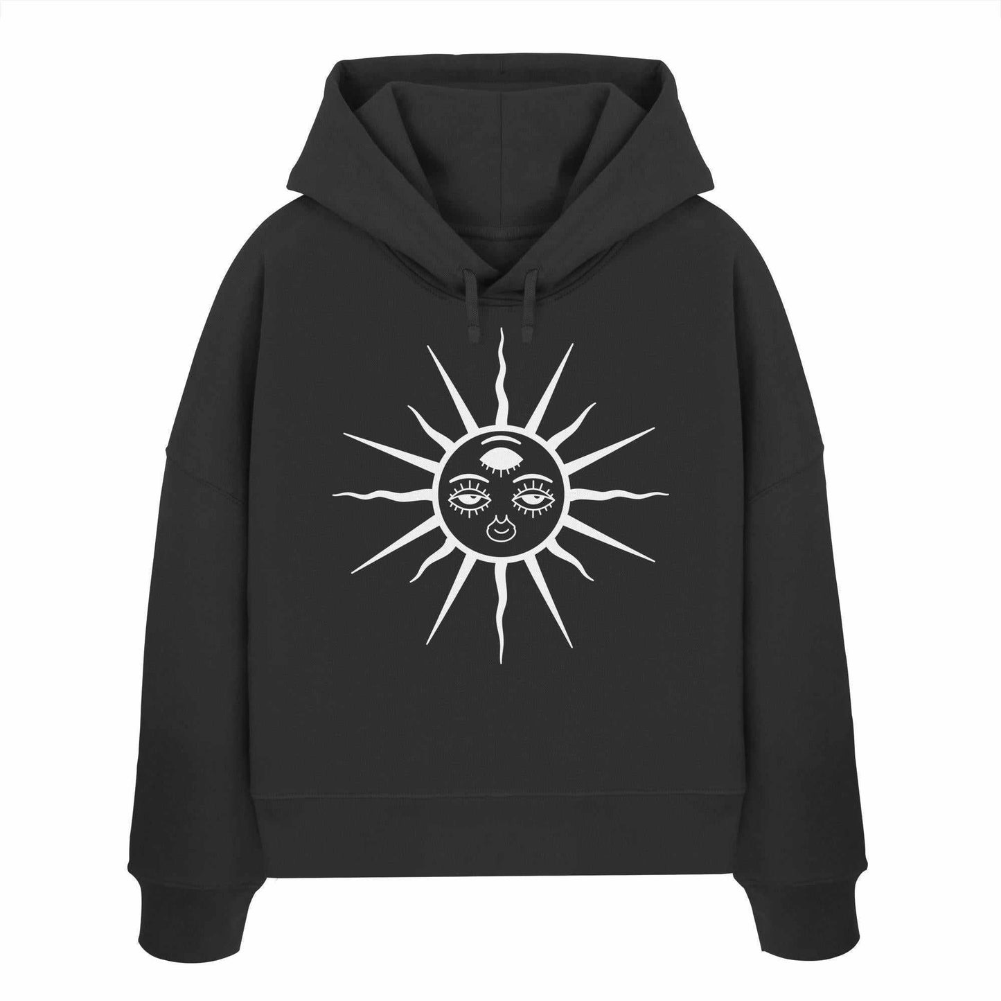 Vegan und Bio Crop Hoodie: The Sun - Third Eye Awakening, schwarzer Hoodie mit dreiaugiger Sonnengrafik, aus Bio-Baumwolle, ideal für alternative Modeevents.