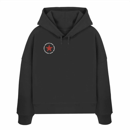 Vegan und Bio Crop Hoodie: Red Star - Animal Liberation, schwarzer Hoodie mit rotem Stern, doppellagige Kapuze, 100% Bio-Baumwolle, rebellisches Design von RUDE REBEL.