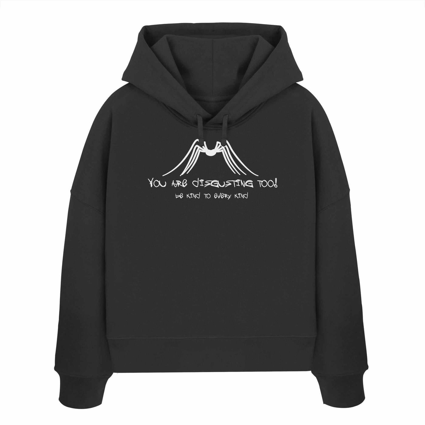 Vegan und Bio Crop Hoodie mit weißem Text: Protect Insects, even spiders and be kind to every kind, doppellagige Kapuze, Bio-Baumwolle, Statement für Tierrechte.