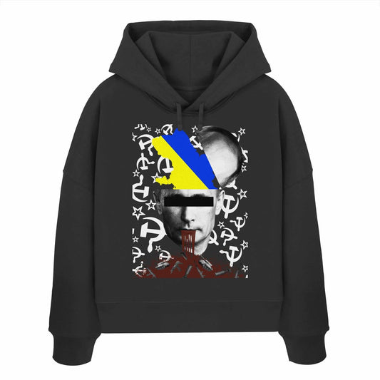 Vegan und Bio Crop Hoodie: STOP WAR IN UKRAINE! Schwarzer Hoodie mit Gesichtsgrafik und politischer Botschaft, aus 100% Bio-Baumwolle, reguläre Passform.