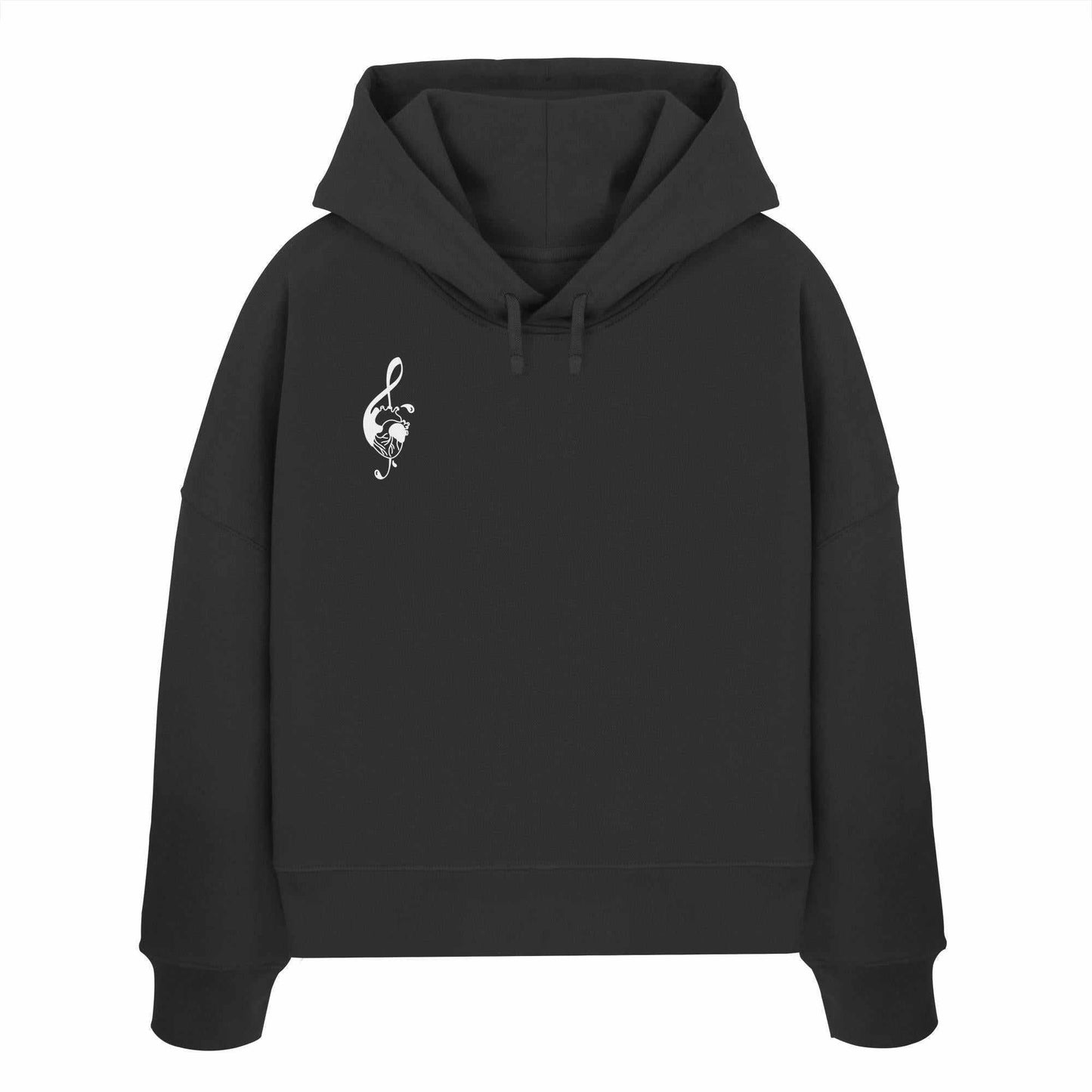 Vegan und Bio Crop Hoodie: Music Heart, schwarzer Hoodie mit weißem Musiklogo, gefertigt aus 100% Bio-Baumwolle, Regular Fit, doppellagige Kapuze, flache Kordel.