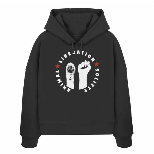 Vegan und Bio Crop Hoodie mit weißem Logo, Faust und Pfote, symbolisiert Tierrechte und Befreiung. Hergestellt aus 100% Bio-Baumwolle, regular fit.