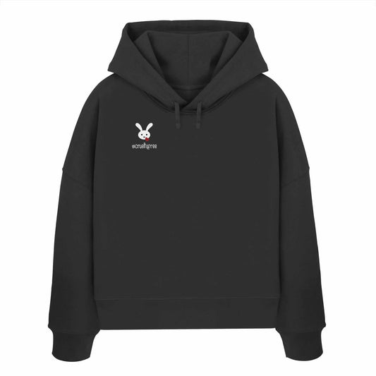 Vegan und Bio Crop Hoodie: Crueltyfree Bunny, schwarzer Hoodie mit weißem Kaninchen und Herzmotiv, aus 100% Bio-Baumwolle, reguläre Passform, doppellagige Kapuze.