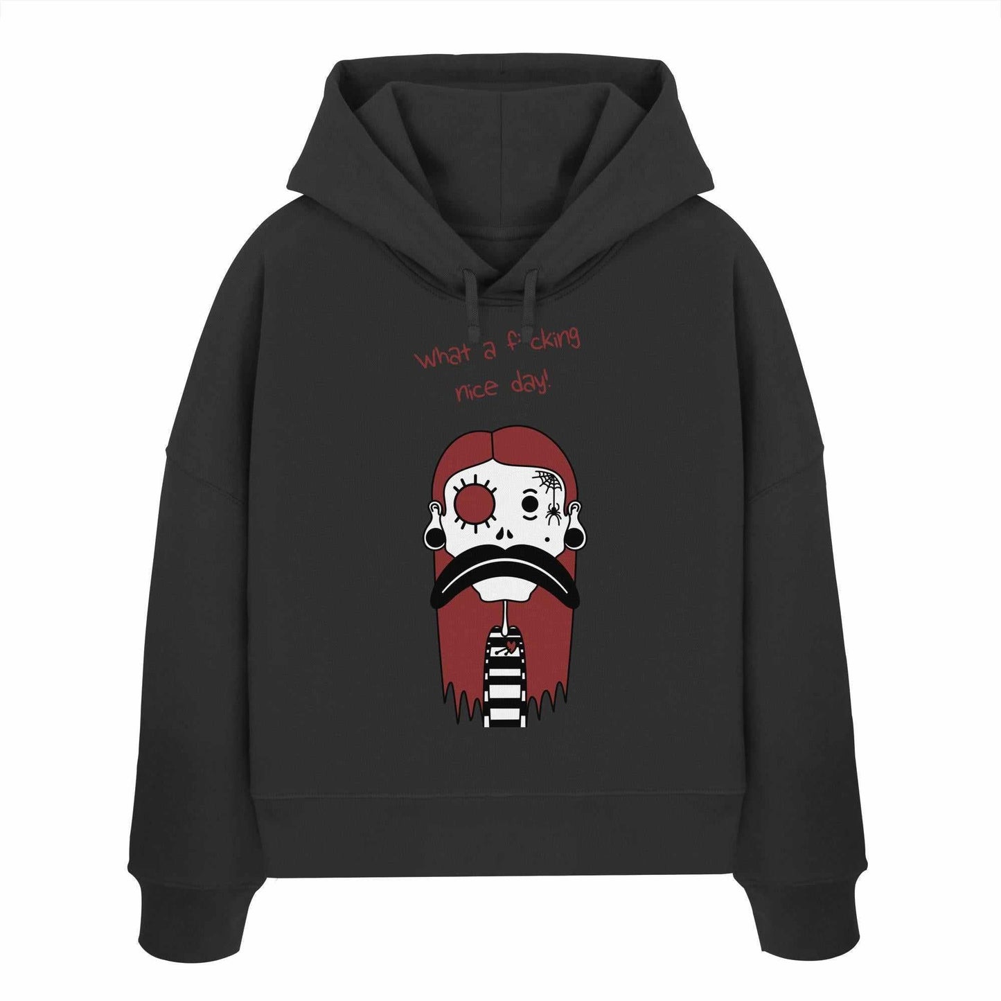 Vegan und Bio Crop Hoodie: Mental health – Bad Day, schwarzer Hoodie mit Cartoon-Schädelmotiv und Filmband, aus Bio-Baumwolle, rebellisches Design von RUDE REBEL.