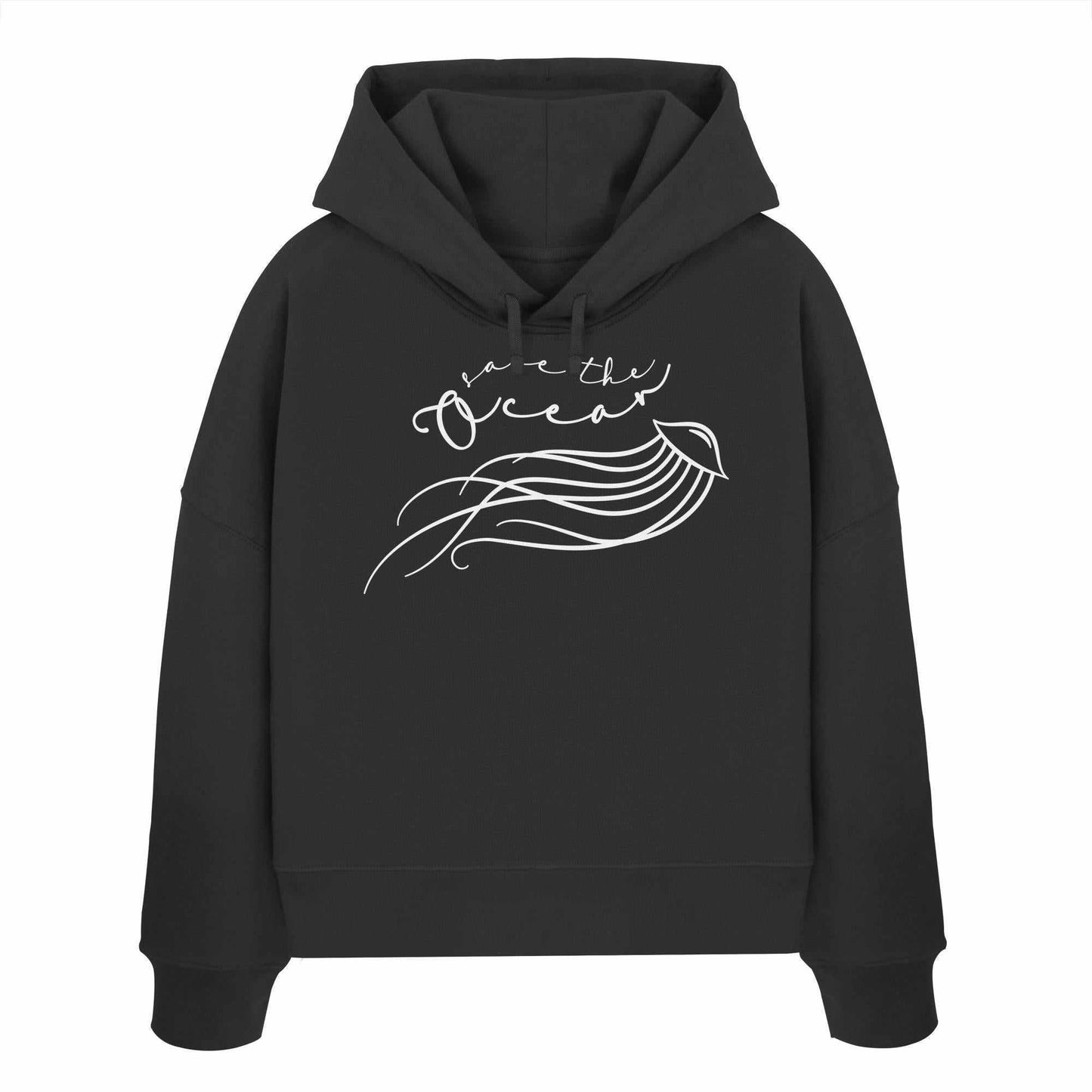 Vegan und Bio Crop Hoodie mit Quallen-Design und Save the Ocean-Aufdruck, gefertigt aus 100% Bio-Baumwolle, präsentiert im minimalistischen Stil.