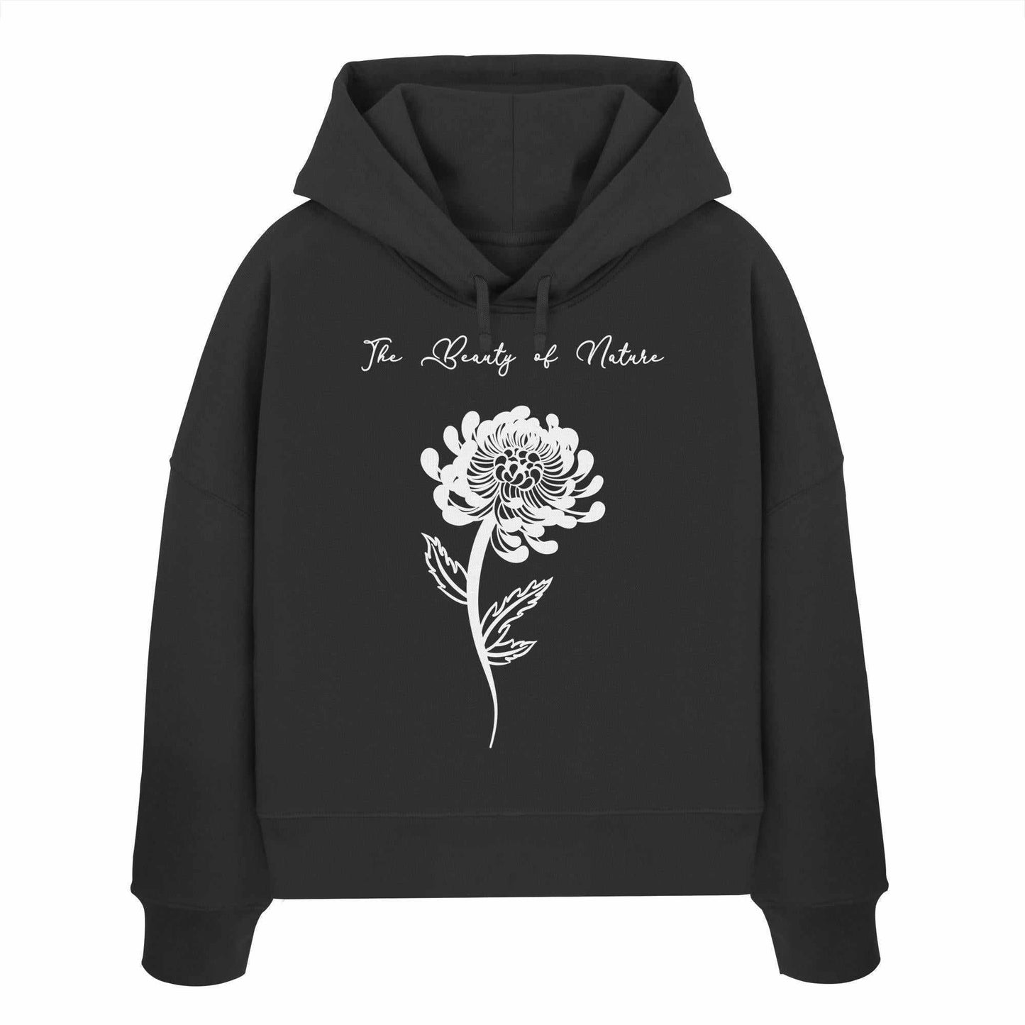 Vegan und Bio Crop Hoodie: Chrysantheme - Schwarzer Hoodie mit weißem Blumenmotiv, aus 100% Bio-Baumwolle, regular fit, doppellagige Kapuze und abfallende Schultern.