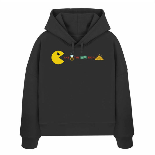 Vegan und Bio Crop Hoodie: PAC-MAN - Eat the rich, schwarzes Sweatshirt mit gelbem Pac-Man-Design und Pyramidenmotiv, aus 100% Bio-Baumwolle, reguläre Passform, doppellagige Kapuze.