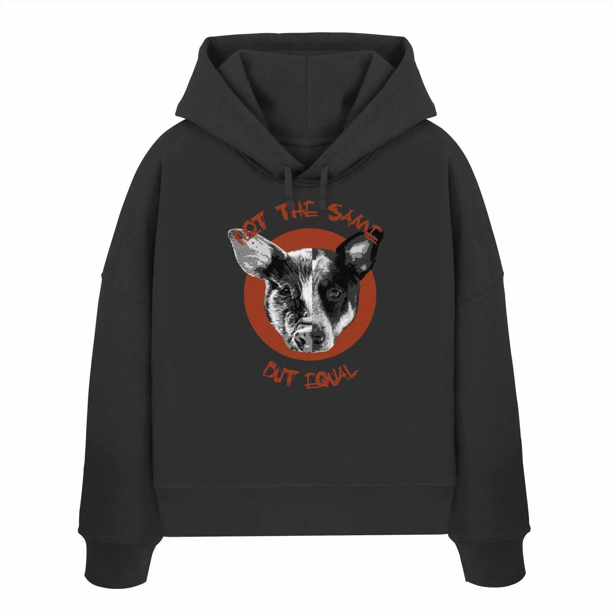 Vegan und Bio Crop Hoodie mit digitaler Collage eines Hundes und Schweins, thematisiert Tierrechte, aus 100% Bio-Baumwolle, Regular Fit, von RUDE REBEL.