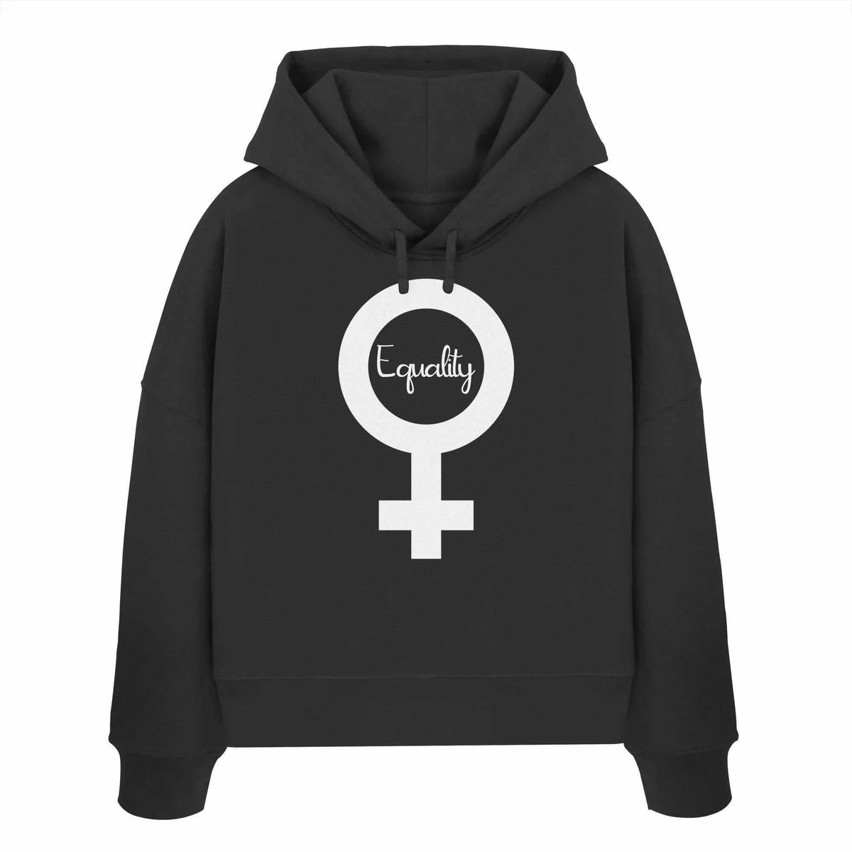 Crop-Hoodie in Schwarz mit Kapuze und Kordel; großer Equality-Symbol-Druck vorn