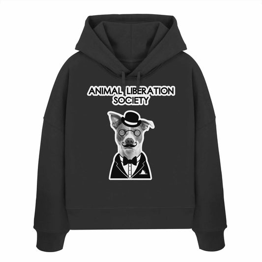 Vegan und Bio Crop Hoodie mit Mr. Dog-Design, das einen Hund mit Hut darstellt, Teil der Animal Liberation Society-Kollektion von RUDE REBEL.