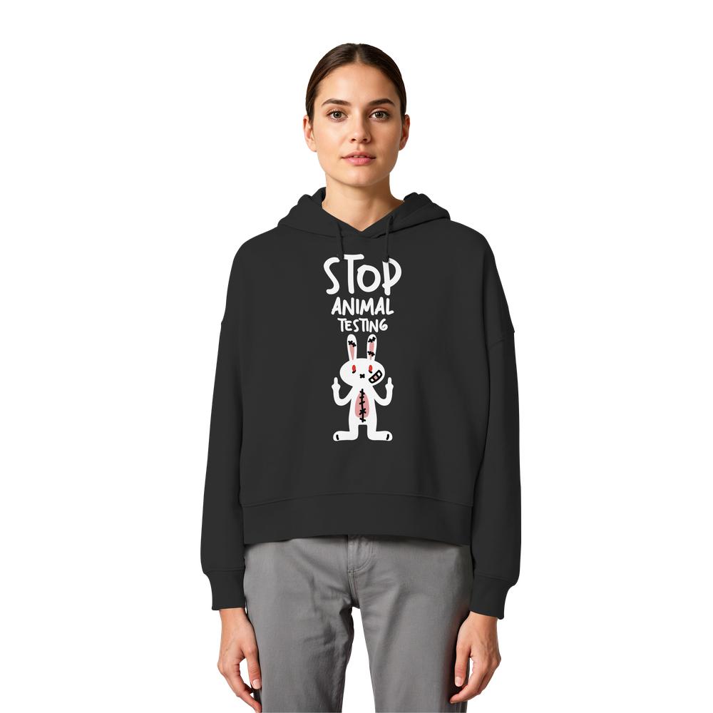 Schwarzer Crop-Hoodie mit Kapuze und Kordelzug, Hasenprint „STOP ANIMAL TESTING“.
