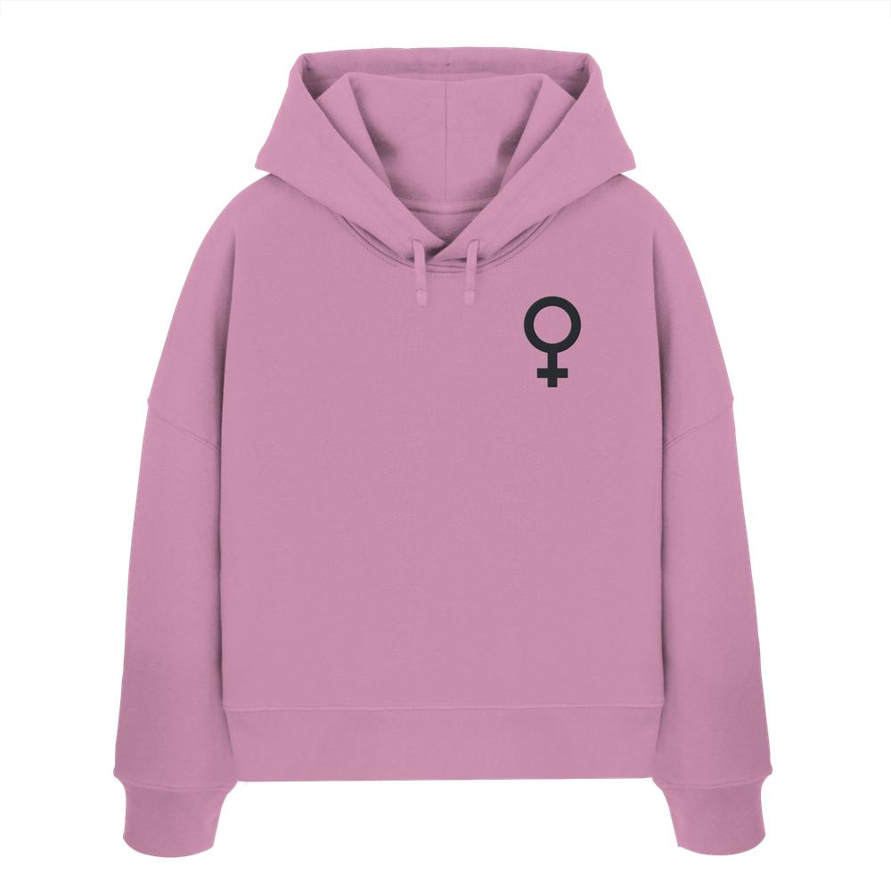 Vegan und Bio Crop Hoodie bestickt mit schwarzem Venussymbol auf der Brust, symbolisiert den feministischen Kampf. Hergestellt aus 100% Bio-Baumwolle, reguläre Passform.