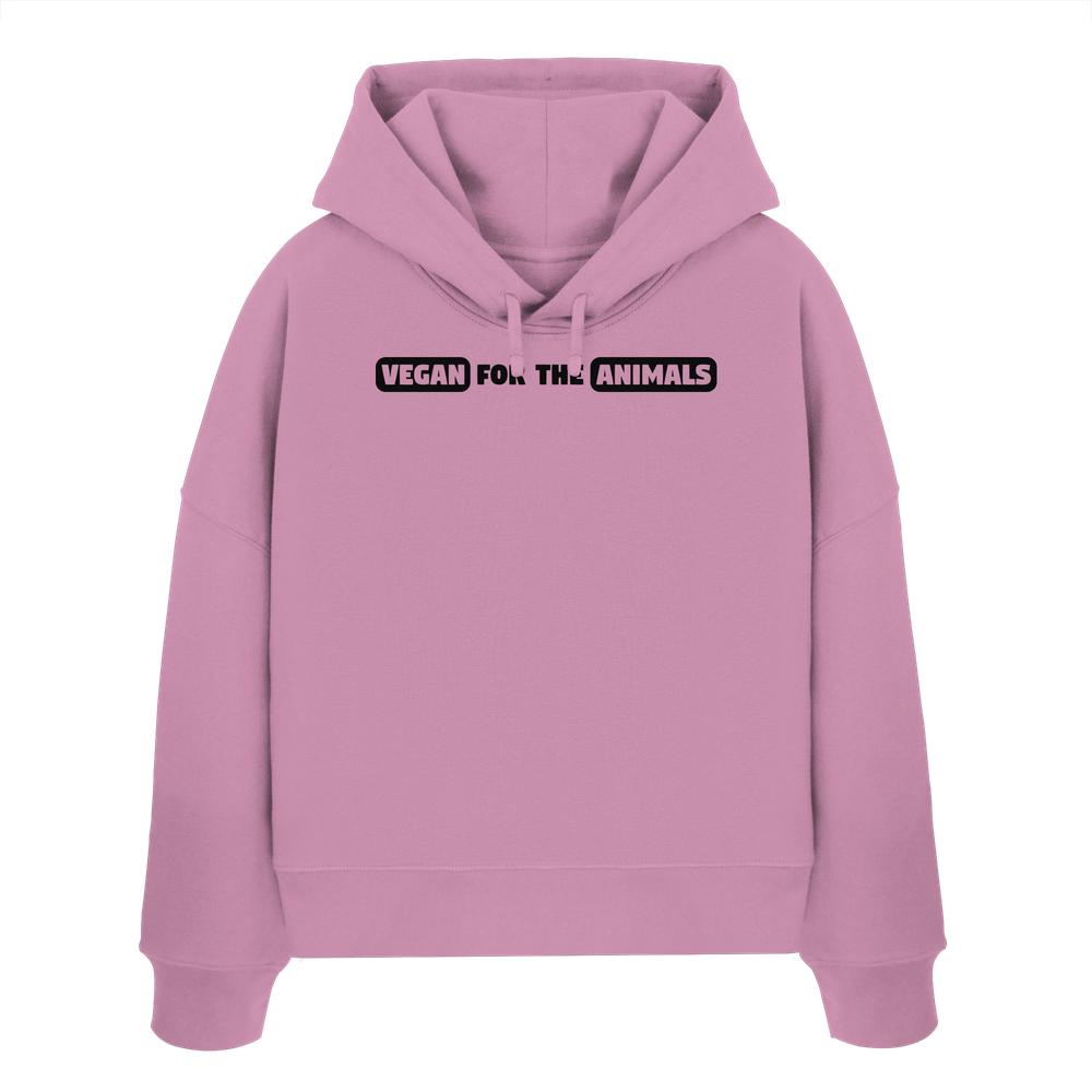 Vegan und Bio Crop Hoodie: VEGAN FOR THE ANIMALS Edition 2, pastellrosa mit schwarzem Schriftzug, entspannter Schnitt, aus 100% Bio-Baumwolle, doppellagige Kapuze, flache Kordel.
