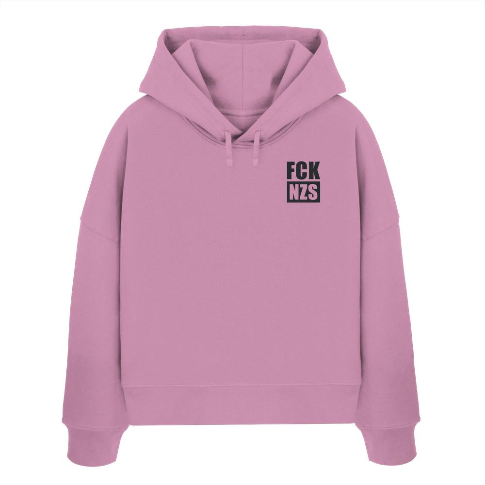 Vegan und Bio Crop Hoodie bestickt: FCK NZS - Mauve-pinkes Kapuzenpullover mit schwarzem Print FCK NZS auf der Brust, aus 100% Bio-Baumwolle.