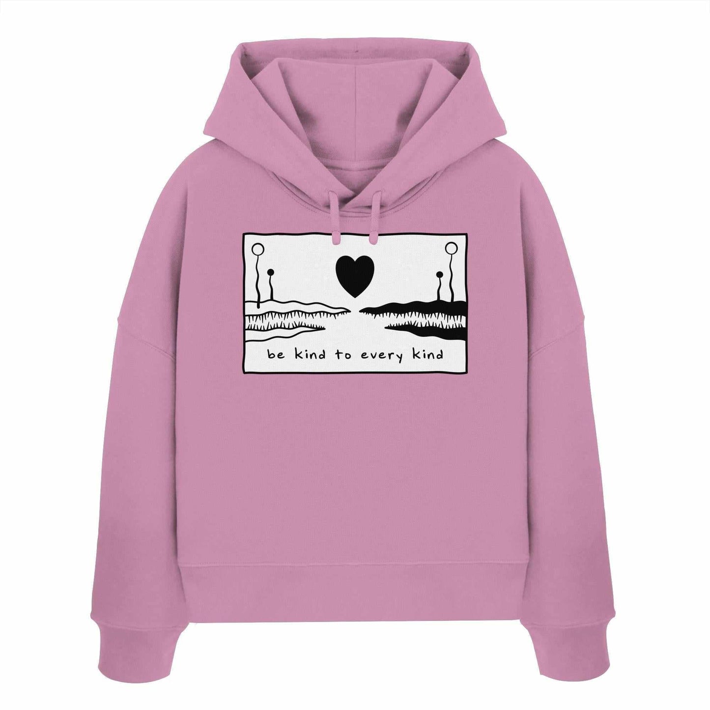 Vegan und Bio Crop Hoodie Be kind to every kind mit schwarzem Herz- und Krokodil-Design, aus 100% Bio-Baumwolle, rebellisches Design von RUDE REBEL.