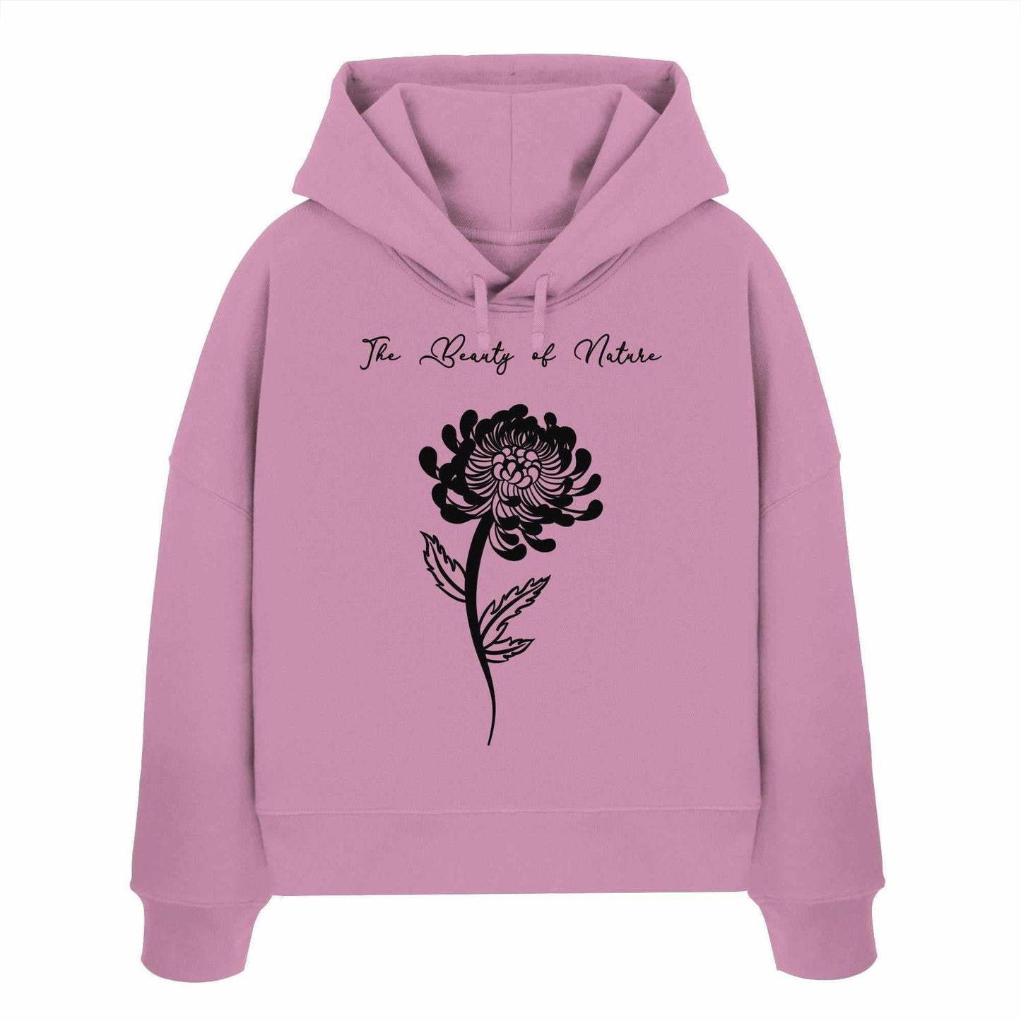 Vegan und Bio Crop Hoodie mit schwarzer Chrysantheme, ideal für Naturschutzliebhaber, aus 100% Bio-Baumwolle, normale Passform, doppellagige Kapuze und flache Kordel.