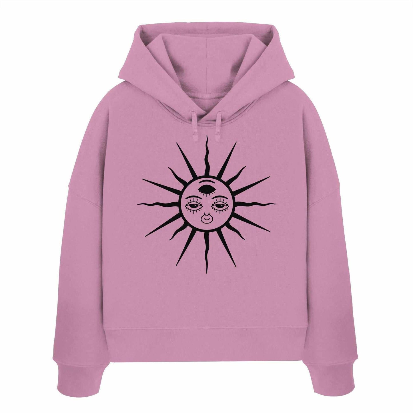 Vegan und Bio Crop Hoodie: The Sun - Third Eye Awakening, pinker Hoodie mit Sonnendruck und drei Augen, aus 100% Bio-Baumwolle, ideal für Goa Rave.