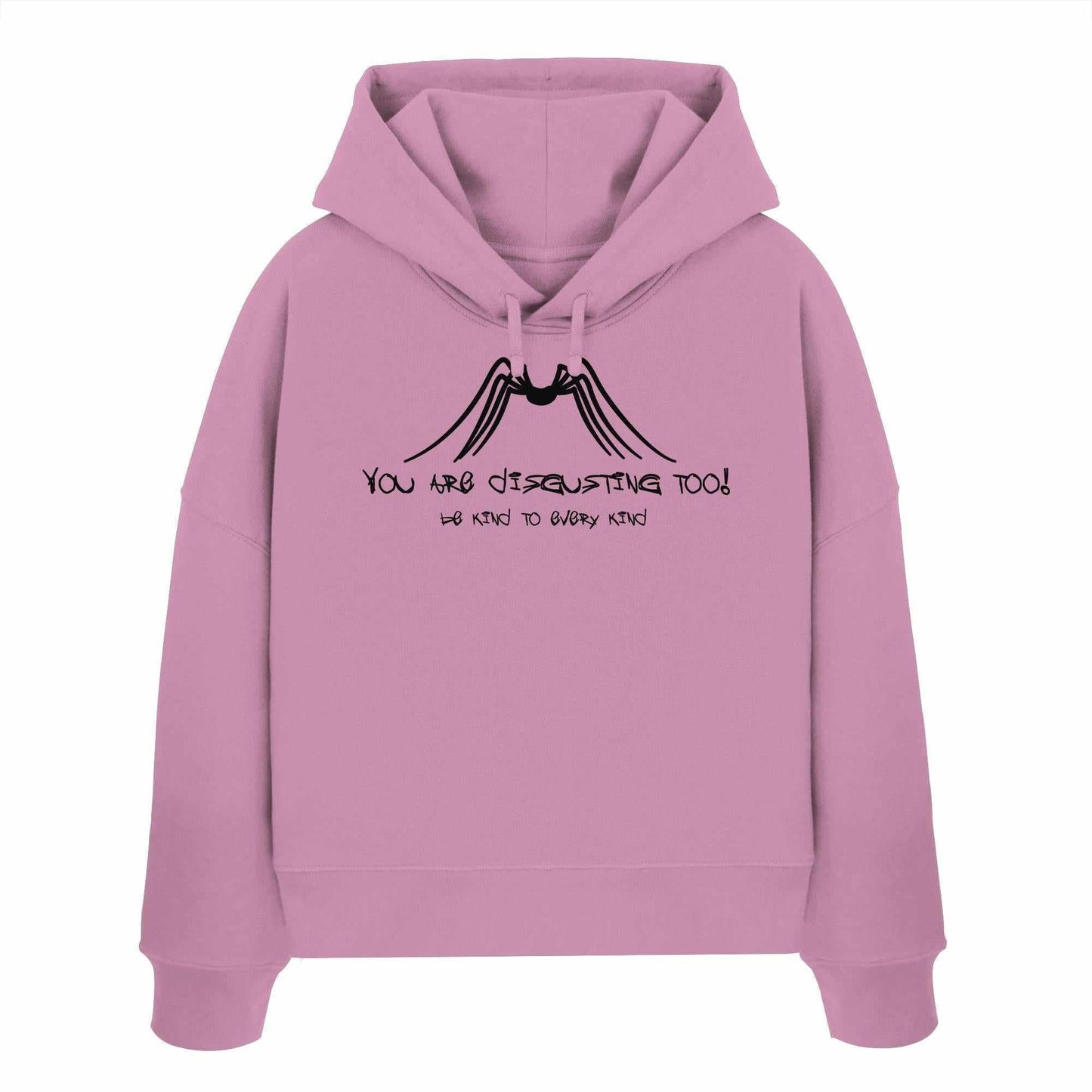 Vegan und Bio Crop Hoodie mit Spinnenmotiv und Text, gefertigt aus 100% Bio-Baumwolle, doppellagige Kapuze, flache Kordel, abfallende Schultern, Regular Fit.