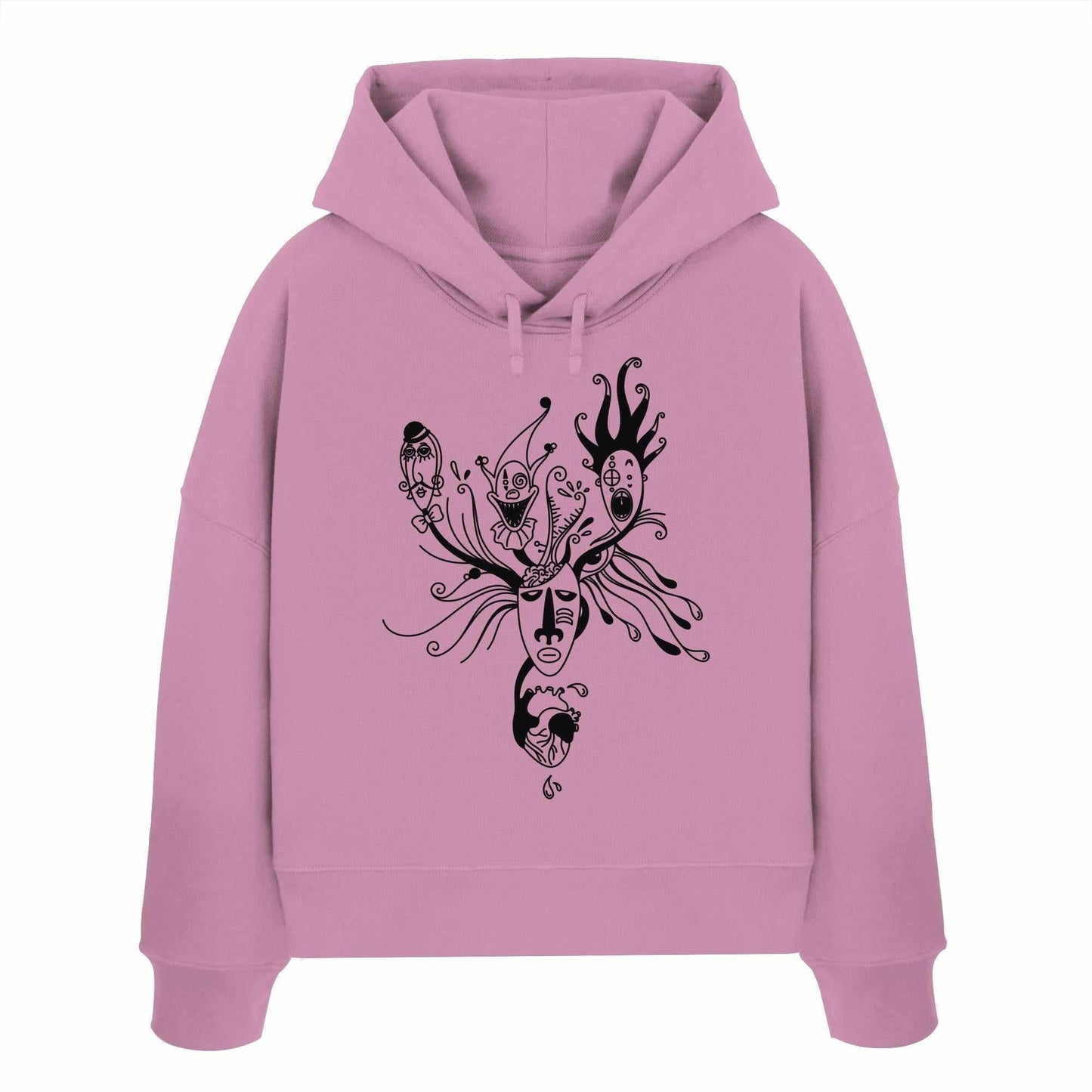 Vegan und Bio Crop Hoodie: Mental Health - Behind the Mask... mit grafischem Gesichtsmuster, aus 100% Bio-Baumwolle, thematisiert individuelle Facetten und mentale Gesundheit.