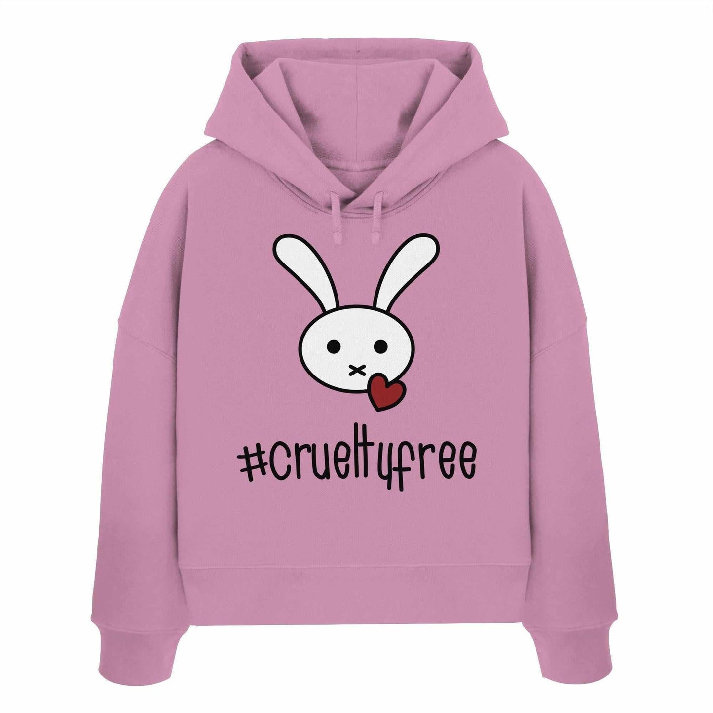 Vegan und Bio Crop Hoodie: Crueltyfree Bunny BIG, rosafarbener Hoodie mit weißem Kaninchenmotiv, aus 100% Bio-Baumwolle, perfekt für Tierschutzbewusste.