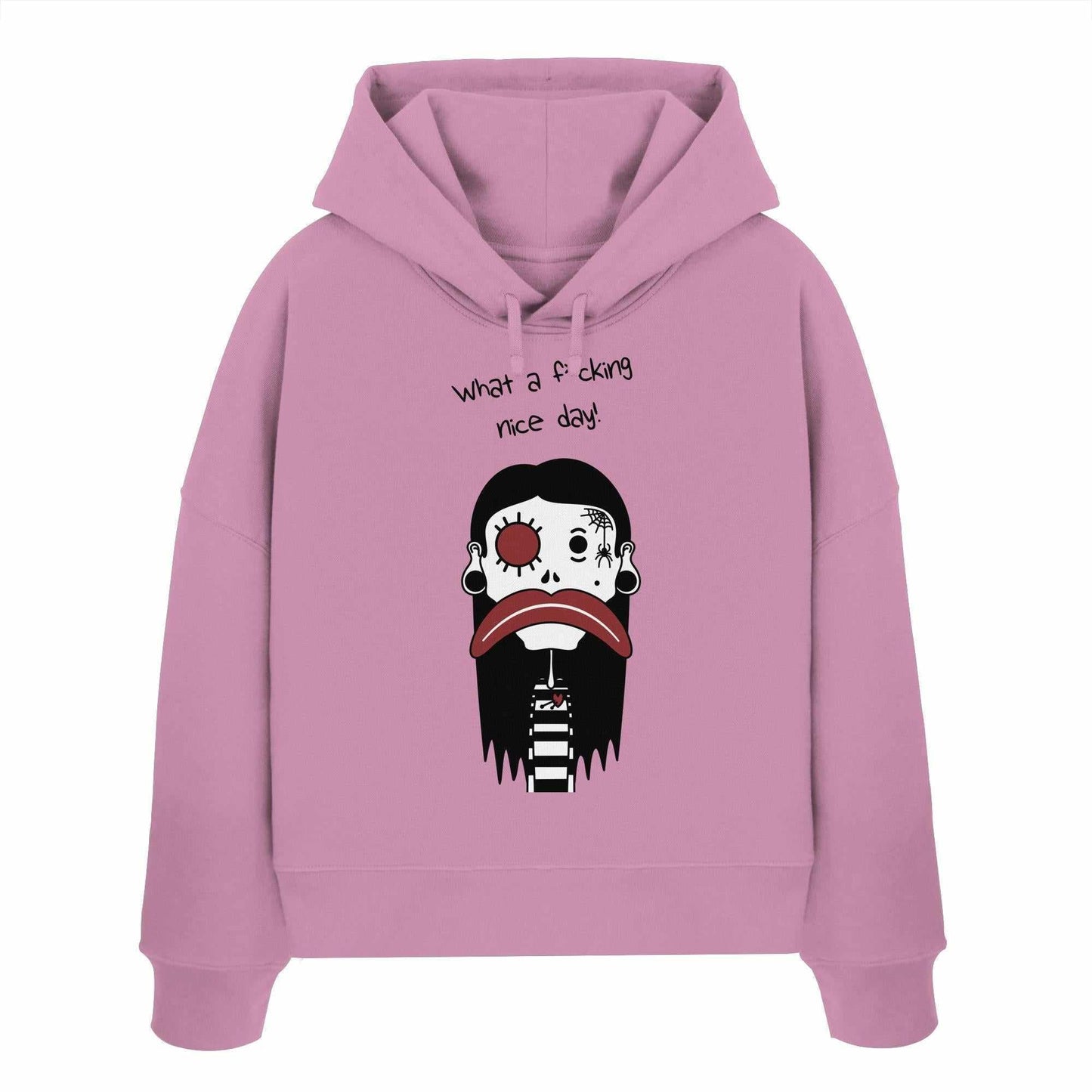 Vegan und Bio Crop Hoodie: Mental health – Bad Day mit Cartoon-Charakter, Bio-Baumwolle, Regular Fit, doppellagige Kapuze. Rebellisches Design von RUDE REBEL.