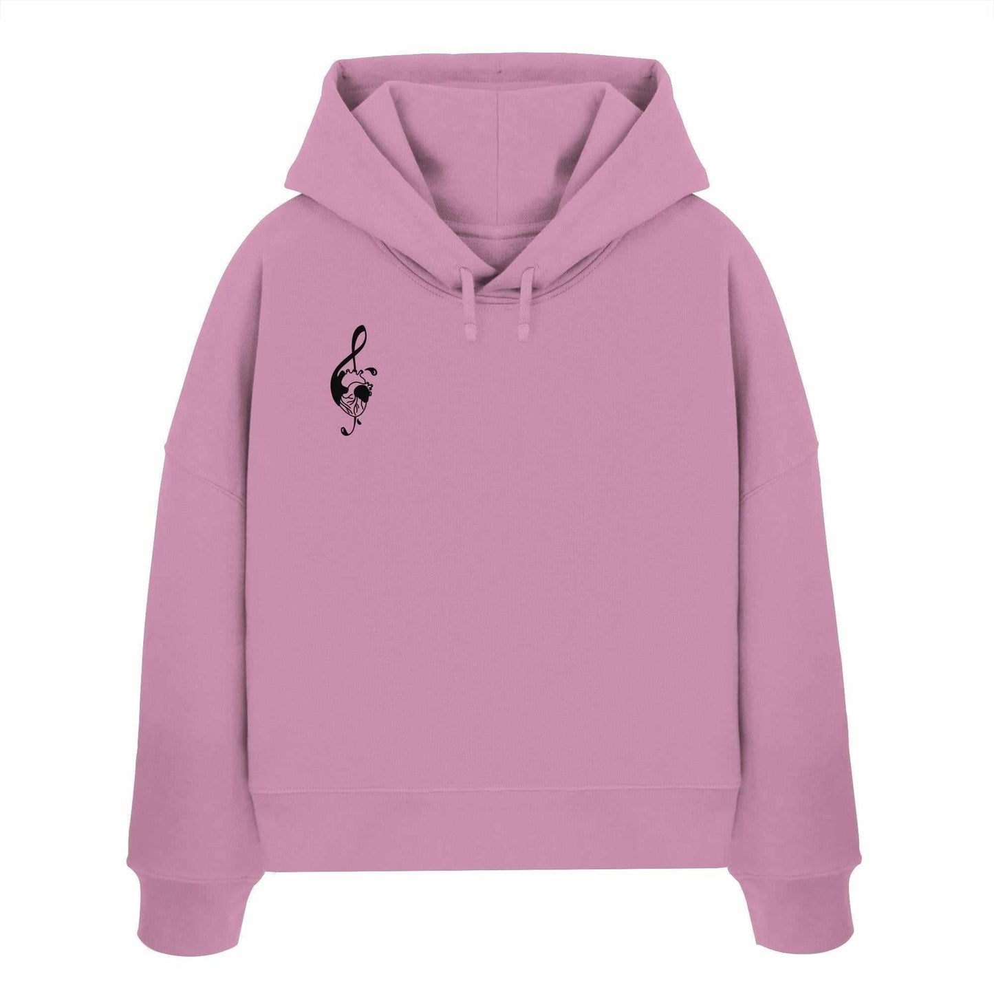 Vegan und Bio Crop Hoodie: Music Heart – Pinker Hoodie mit schwarzem Notenschlüssel, aus 100% Bio-Baumwolle, doppellagige Kapuze. Rebellisches Design von RUDE REBEL.