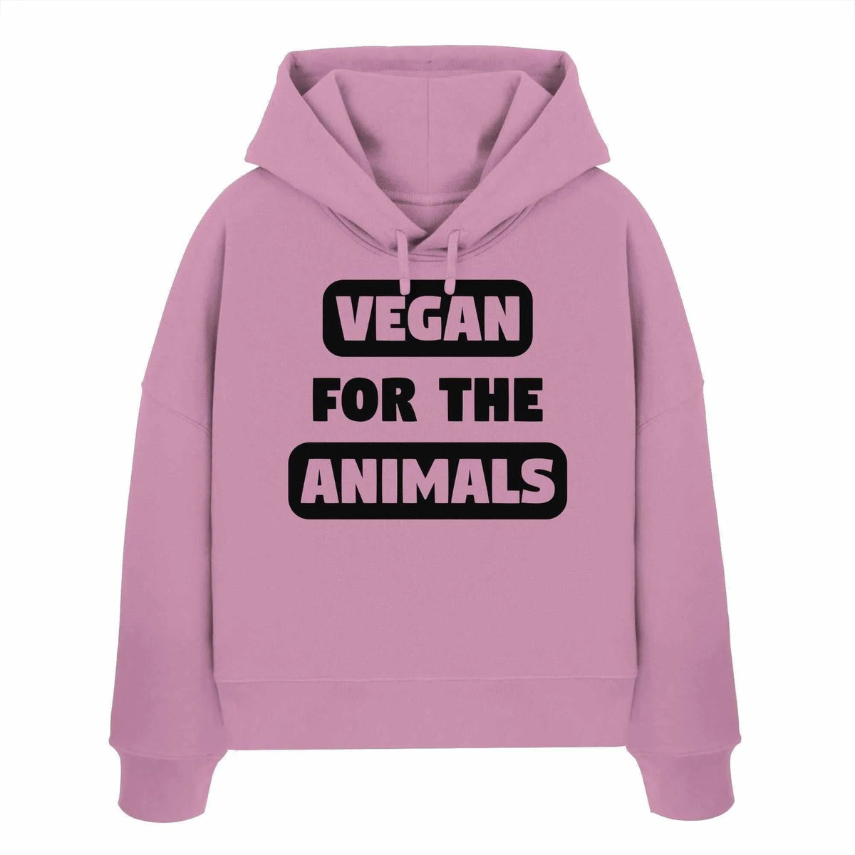Heller rosafarbener Crop-Hoodie mit Kapuze, Kordelzug und großem „VEGAN FOR THE ANIMALS“-Print